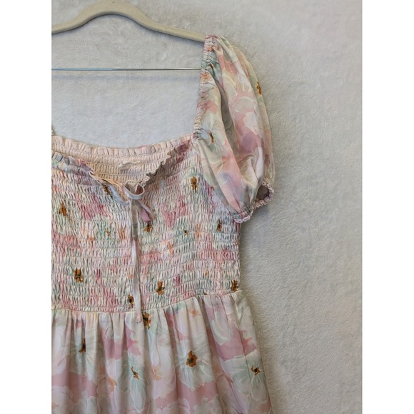 Logan Rae x ROOLEE Pink Floral Smocked Maxi Dress Puff Sleeve Tiered Size M - Picture 4 of 10